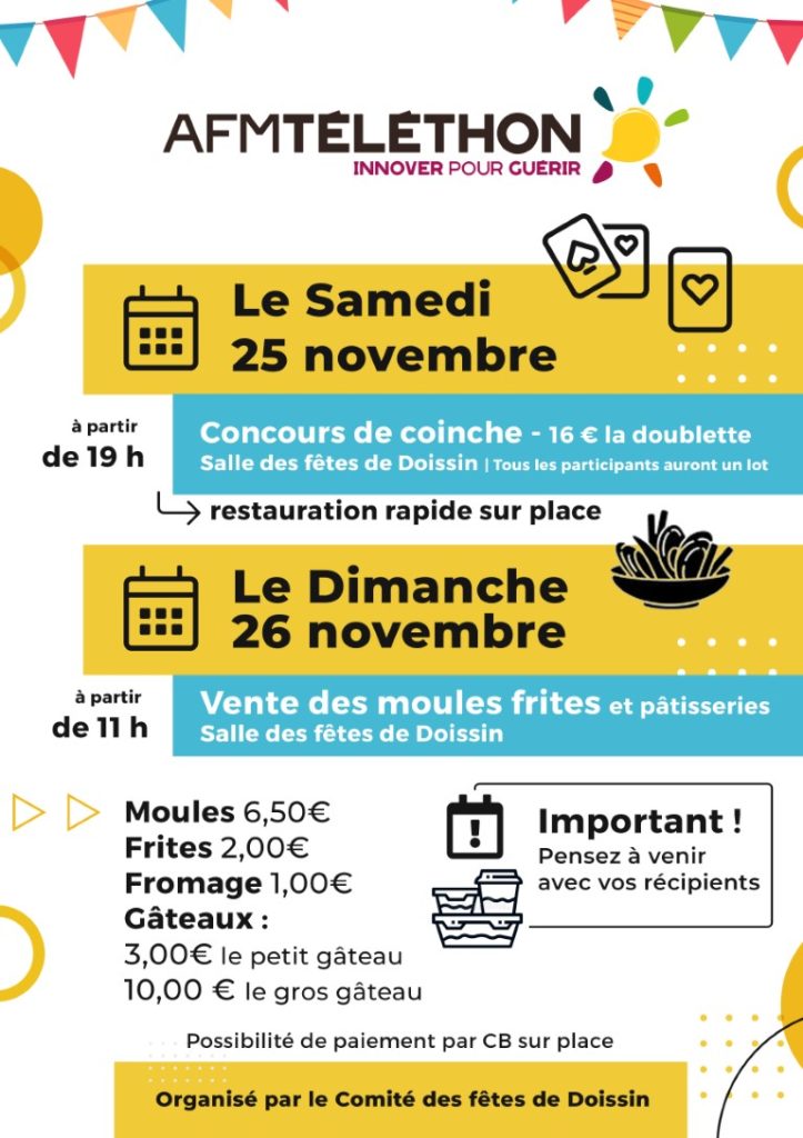 Affiche Concours de Coinche et Moules frites : Doissin se mobilise pour le Téléthon